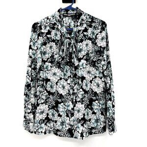 NWT Karl Lagerfeld Blue Black Floral Handkerchief Neck Blouse Womens Small